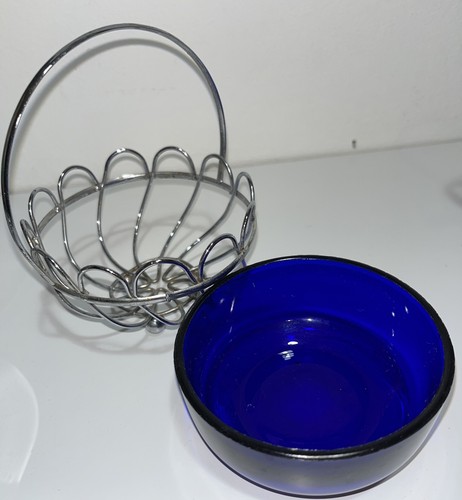 Vintage Cobalt Blue Glass Metal Framed Condiments Sets, Bowls And Jug - Picture 16 of 20
