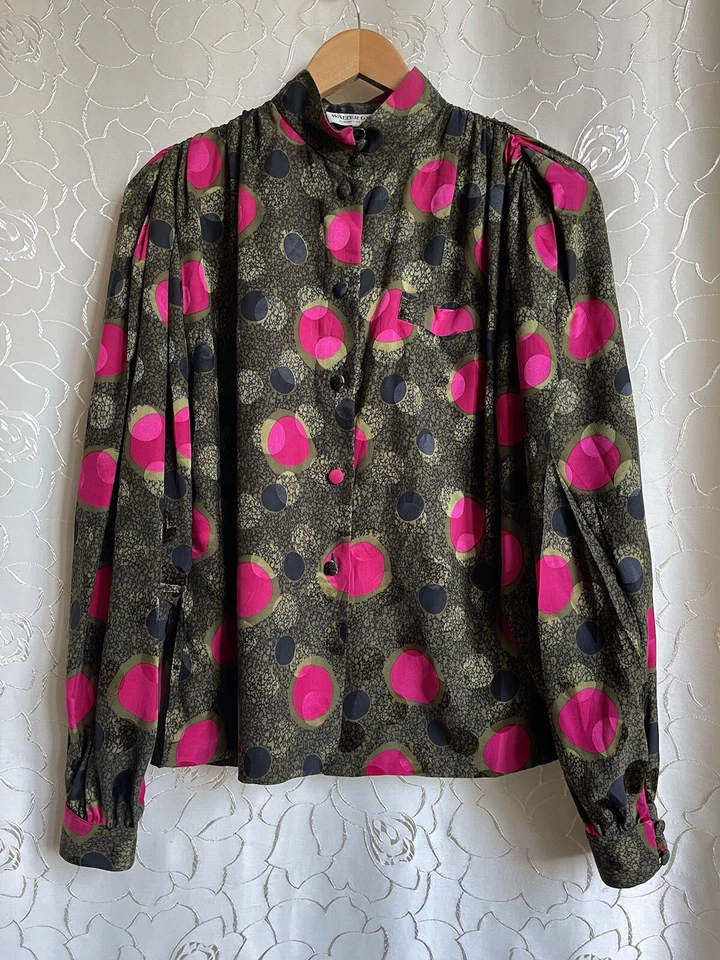 Blusa años 80 WALTER GROSS ZURICH - ST. MORITZ SEDA ATADA VERDE ROSA ABSTRACTO L Foto 3 de 4