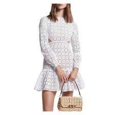 Michael Kors St Gallen Mini dress Size 2 White Lace Tan Lined Side-Cut-Out FU204