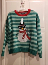 33 Degrees Green Striped SNOWMAN Sweater - Ugly Christmas - Womens XL - NEW