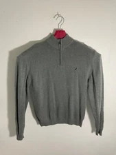 Nautica Mens Gray Cotton Quarter-Zip Sweater XL (18/20) Ribbed Trim Long Sleeve