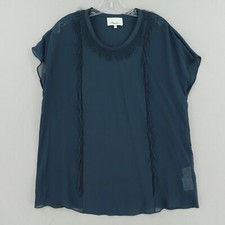 3.1 Phillip Lim Silk Blouse Size 4 Short Sleeve Green Fringe Trim Shee