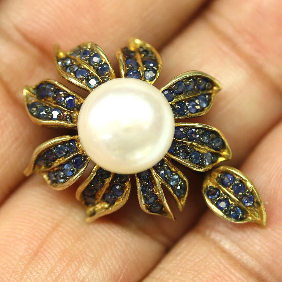 925 Sterling Silber 11 Mm. Weiße Perle & Blaue Saphir Vintage Ring Größe 6,5 - Bild 2 von 4