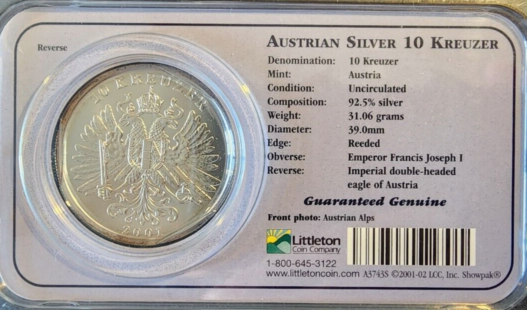 2001 Austria 10 Kreuzer Silver 1 oz Coin Emperor Francis Joseph I Sealed BU Unc