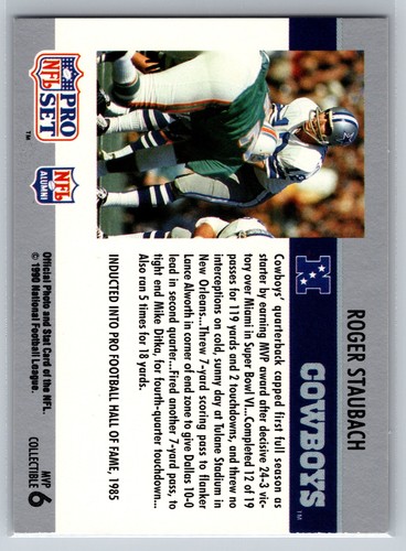 1990 Pro Set #6 Roger Staubach Super Bowl MVP Collectibles Dallas Cowboys - Picture 2 of 2