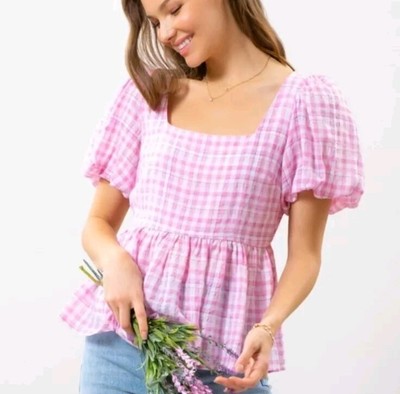 Blu Pepper Anthropologie Women's Pink Puff Sleeve Square Neck Gingham Top Size M