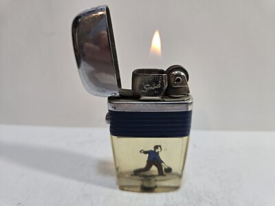 VINTAGE WORKING Scripto Vu-Feuerzeug / BOWLING / blaues Band / CHROM KAPPE 7257/29