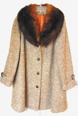 Vtg Country Pacer Real Fur Collar Harris Tweed Wool Stroller Swing Coat