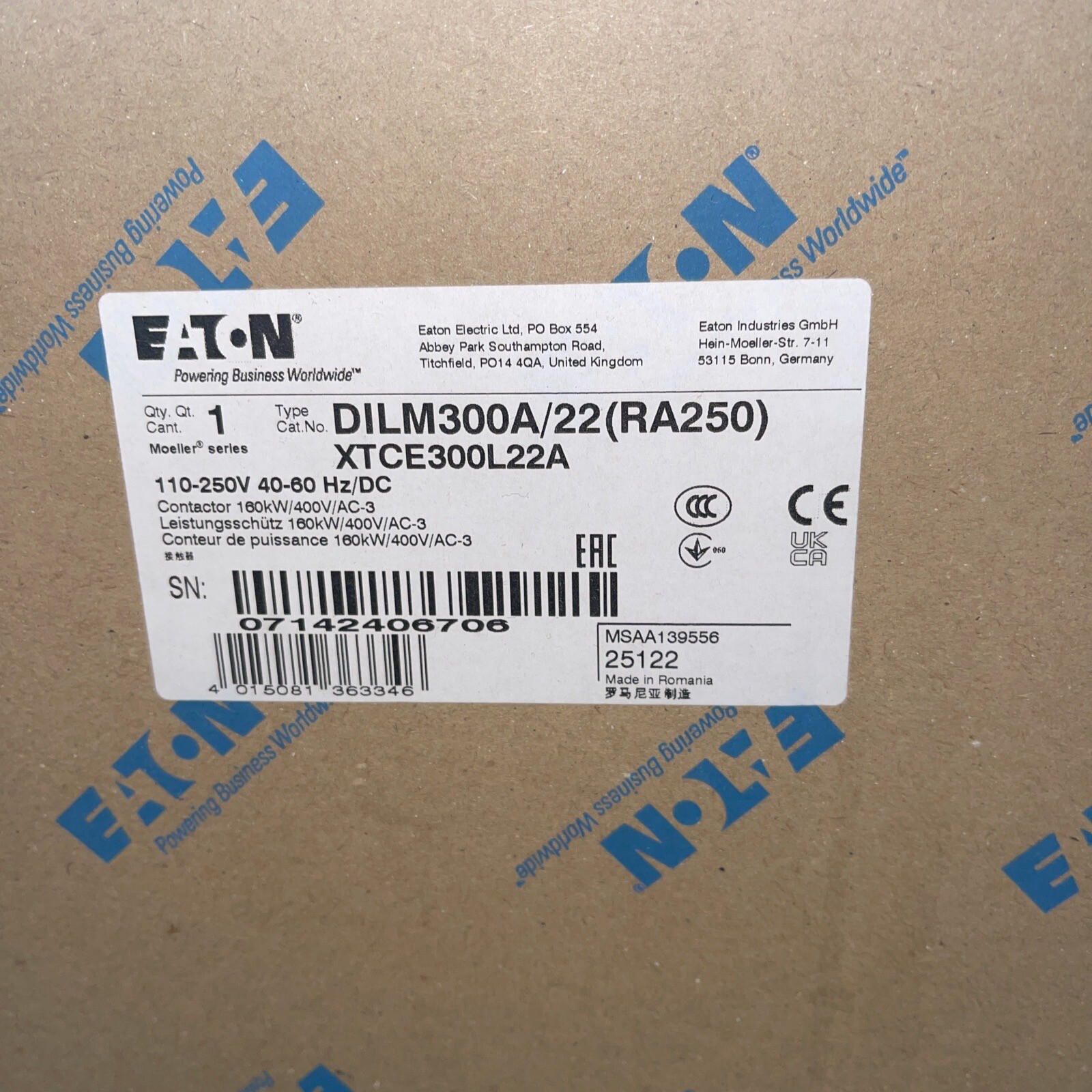 EATON. XTCE300L22A. EATONDILM300A/22(RA250 110-250) 40-60VDC 2no-2nc