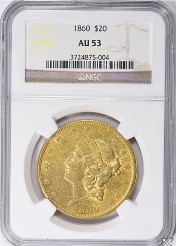 1860 $20 GOLD LIBERTY DOUBLE EAGLE NGC AU 53