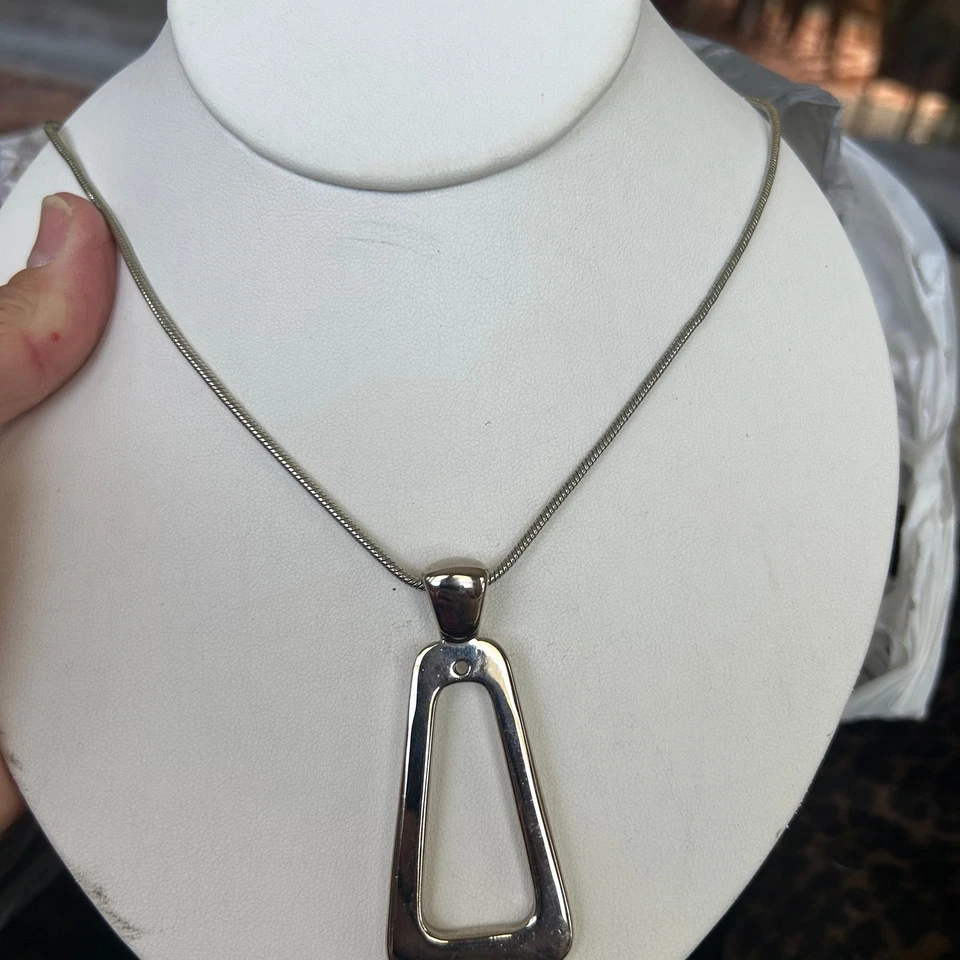 Modern Silver Tone Geometric Bar Pendant Snake Chain Necklace - Image 3 of 4