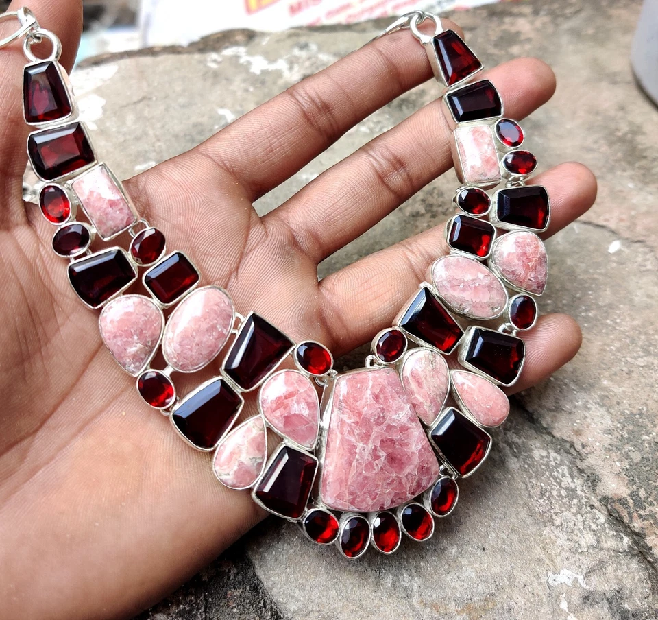Collar Joyería Moda Hecho a Mano Corte Granate Cabina Rodocrosita Natural Argentina Foto 2 de 4