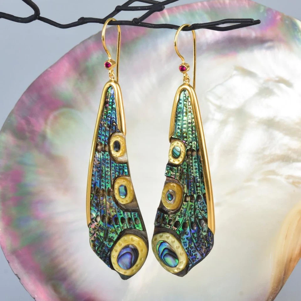 Pendientes Ala Libélula Abulón Talla Oro Vermeil Plata Esterlina Rubí 10.97g Foto 4 de 4