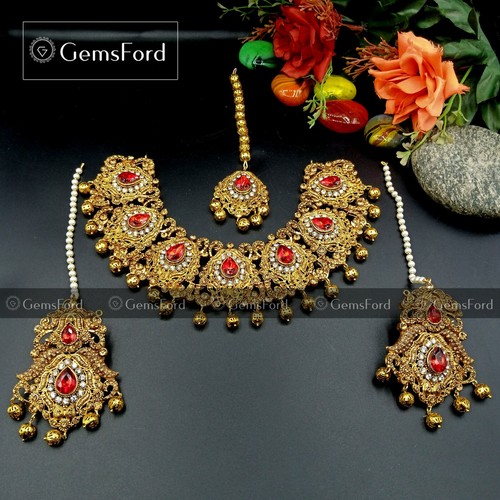 Faryal Makhdoom Pakistani Indian Bridal Necklace Earrings Tikka Jewellery Set UK - Picture 5 of 10