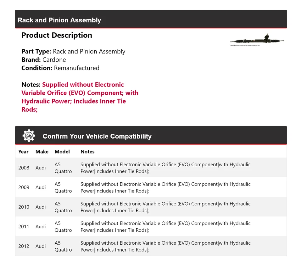 Conjunto de piñón y cremallera Cardone para Audi A5 Quattro 2008-2012 2009 2010 2011 Foto 2 de 4