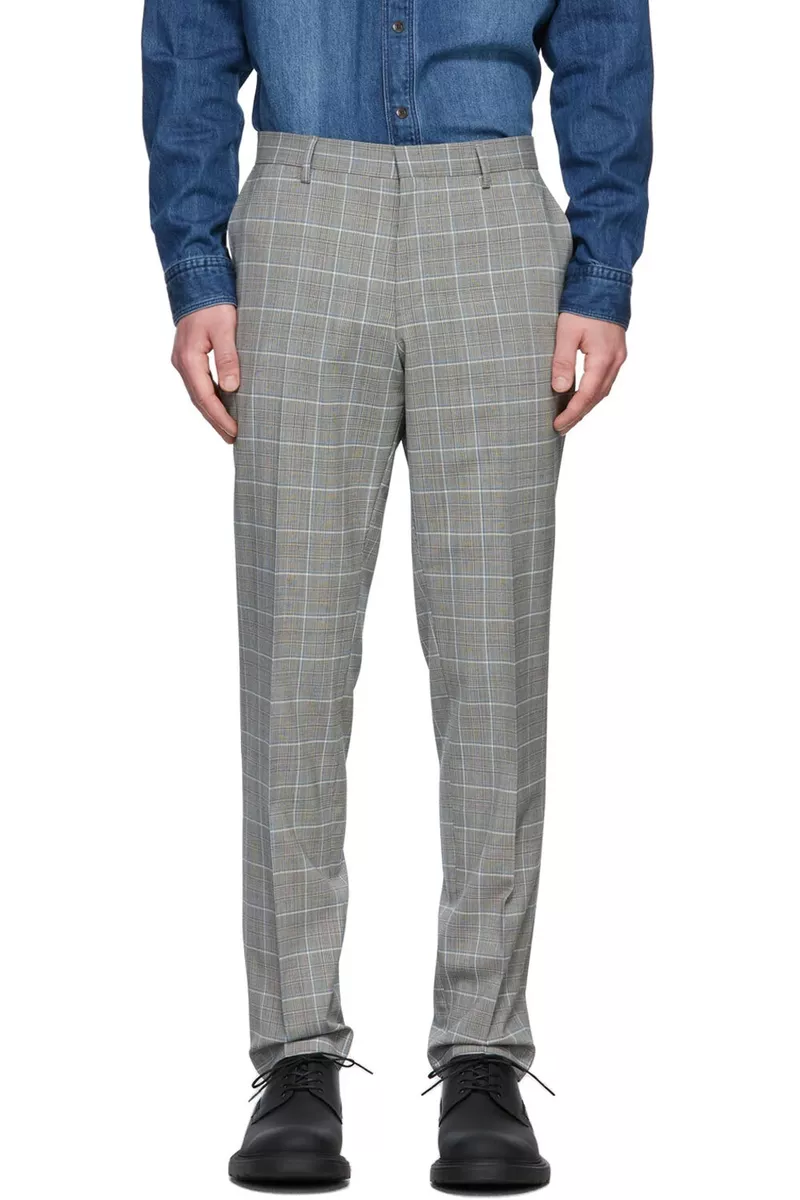 Hugo Boss Mens Regular Fit Wool Glen Plaid Pants 32R x 32L Dark Grey - NWT $198