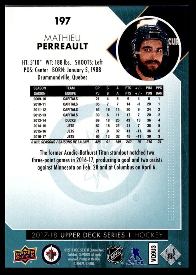 2017-18 Upper Deck Mathieu Perreault Winnipeg Jets #197 - Image 2 of 2