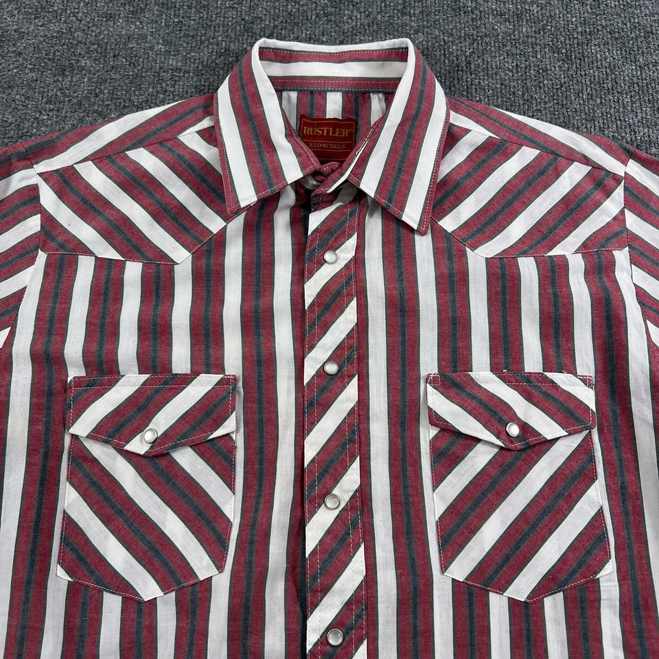 Camisa Rustler De Colección Para Hombres Grande Rayas Rojas Perla Occidental A Presión Colas X Largas Años 90 Foto 3 de 4