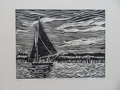 Sailing By on the Norfolk Broads Linolschnitt Druck signiert Limited Edition Kunst A4