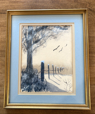 Watercolor Painting Melancholy Winter Landscape Wire Fence Signed R Smith Framed