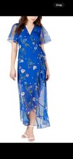 GUESS NEW medium Women's Blue Combo Floral Striped Chiffon Wrap Dress  M TEDO