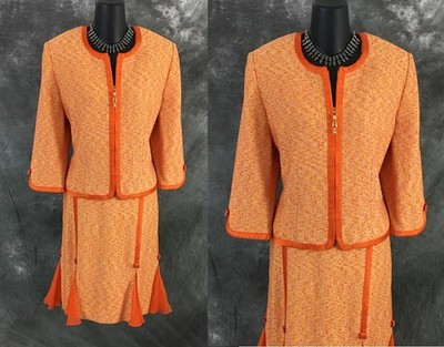 BEAUTIFUL St John couture knit orange multi jacket skirt suit size 10