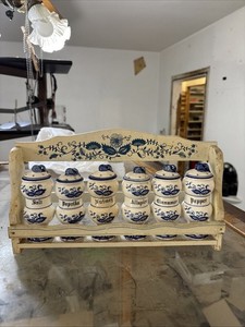 Vintage Blue Onion Spice Jars, 6 Pieces & Rack