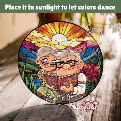 Personalized Old Couple Balloon Stained Glass Suncatcher, Anniversary Gift
