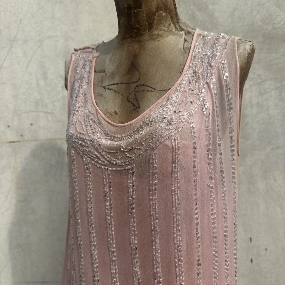 Antique 1920s Baby Pink Silk Chiffon & Beaded Dress Flapper Gown Vintage - Image 2 of 4