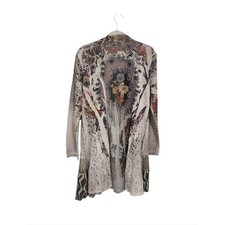 Kamana Kimono Cardigan M Earthy Floral Mesh Patchwork Boho Open Front Tan