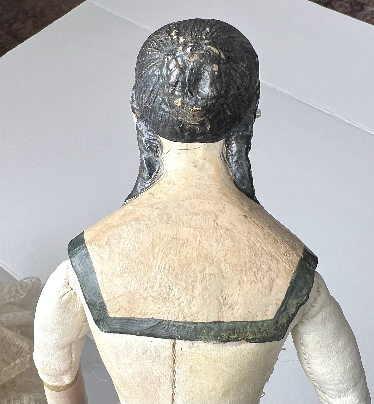 Rare 19th C Antique Paper Mache Milliners Model Doll Kid Leather Wood Limbs