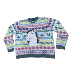 33 Degrees UNICORN Holliday Christmas Sweater Adult XL Fairisle Glitter Rainbow