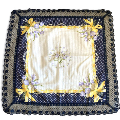 Lancel Lace Trim Handkerchief Large 22  Floral Navy Japan Scarf Style Vintage