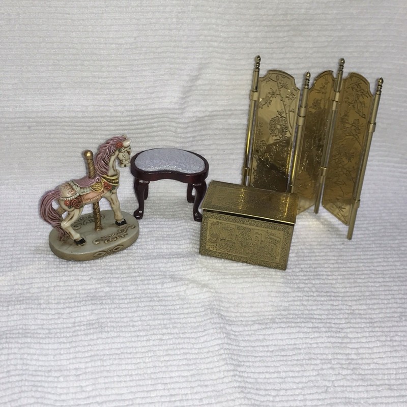 1:12 Dollhouse Miniature Furniture Lot 4pc Folding Screen Chest Bench Carousel