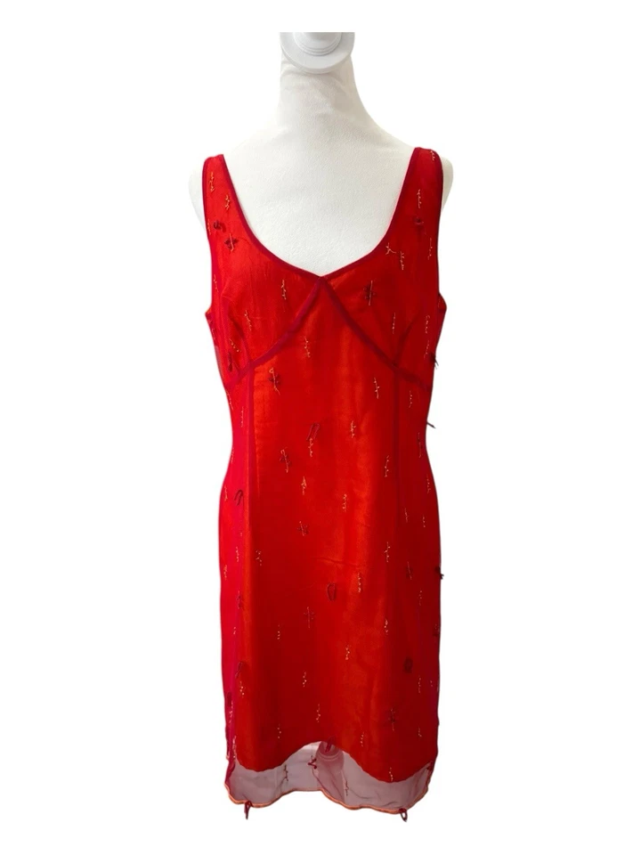 Vestido Bustier Rojo Cuentas Superpuesto Malla Express De Colección Cuello Profundo Años 90 Y2k 14 Foto 4 de 4