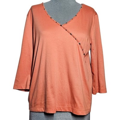 Orange Embellished V Neck Cotton Blend Tee Size Medium