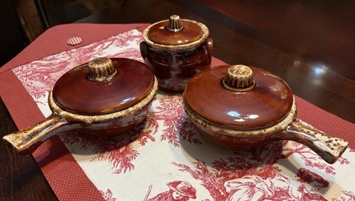 Lot of 3 Hull Oven Proof USA Brown Drip Glaze Stoneware Soup Crocks & Sugar Bowl