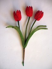 Vintage French Glass Seed Bead Red Emperor Tulips 3 Blooms 4 Leaves 1 Stem
