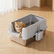 Large 6'' Deep Non-Stick Stainless Steel Cat Litter Box with Lid Scoop