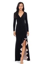 Xscape NWT Long Sleeve Deep V-Neck Floor Lengh Ruffle Nude Lining Dress Size 14