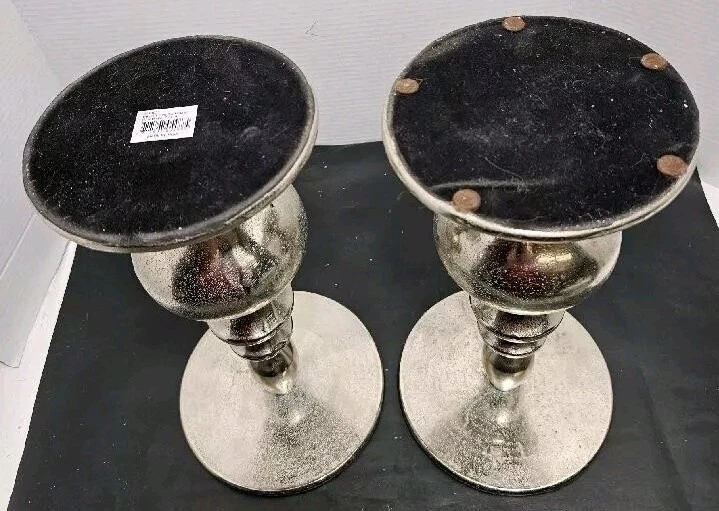 Set of 2 ~ Silver Raw Nickel Pillar Candle Holders 13.5" Vintage - Image 3 of 4