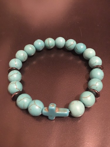 Mens 8” Turquoise Green Gemstone Howlite Beaded 10mm Stretch Bracelet Cross Gift - Picture 7 of 10