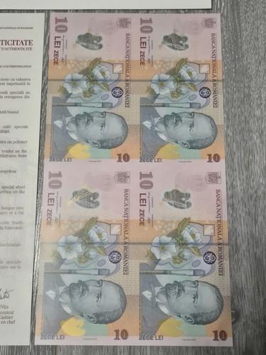 ROMANIA - Special Uncut Sheet, 4 X 10 Lei 2024 UNC Polymer Banknotes - Picture 2 of 4