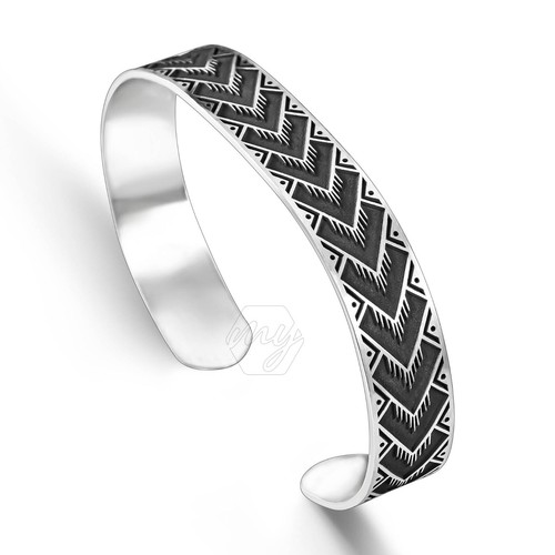 925 Sterling Silver Modern Design Engraved Handmade Men's Cuff Bracelet - 第 3/3 張圖片