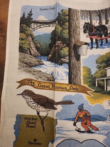 Asciugamano da tè vintage in lino Vermont The Green Mountain State lino cotone, nuovo senza etichette 16x26 - Foto 2 di 7