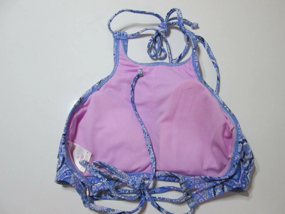Xhilaration Womens Size S Bikini Top Blue Wireless Lined Halter Paisley Swimwear - Image 2 of 4