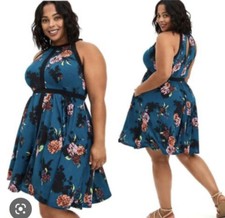 Torrid Plus Sz 5 XL — HALTER SKATER PARTY DRESS - STUDIO KNIT FLORAL TEAL BLUE
