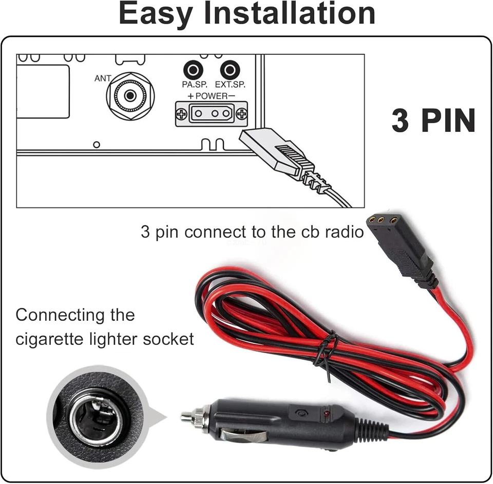 Cable de alimentación de radio CB enchufe de 3 pines y enchufe para encendedor de cigarrillos de coche 12 V para Uniden Foto 4 de 4