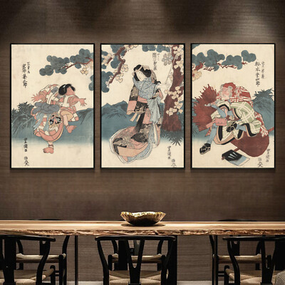Set 3 Silk Canvas Samurai  Kimono Lady Japan Ukiyoe Paint Poster DecorP206