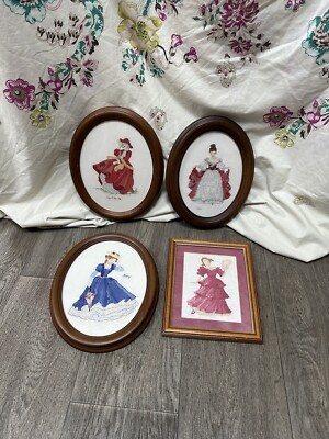 4 x Vintage gerahmte Nadelspitze Frauen in Kleidern von Margaret 1996-1998 Wandbilder